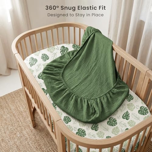 Image of Konssy 2 Pack Muslin Bassinet Sheets for Boys, Girls, 100% Cotton Soft Breathable Fitted Bassinet Mattress Sheet, 33 x 21 inches (Sage Green,Leaf)