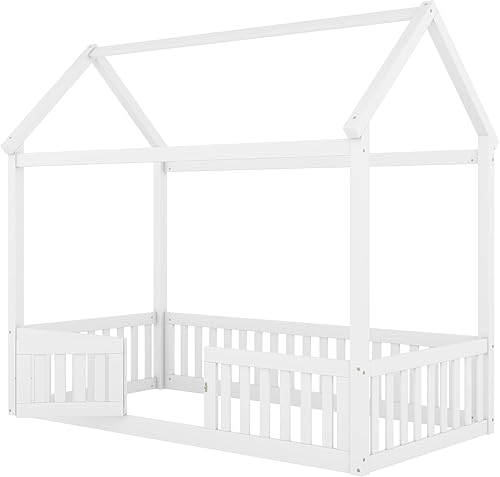 Miniatura 8 de MERITLINE Marco de cama individual para niños, cama Montessori de madera con diseño de valla y puerta, cama individual con rieles para niñas y niños