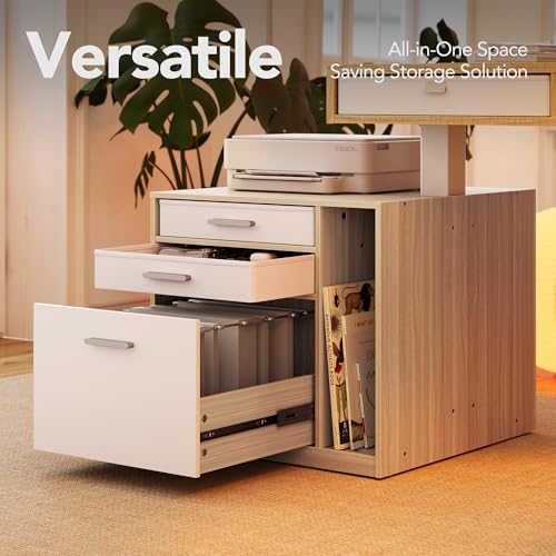 Image of HUANUO LED Electric L Shaped Standing Desk with File Cabinet, Light Walnut | 63 inchx55 inch 2-Tier L-Desk,3-Drawer File Cabinet,RGB LED App Lighting,Built-in Power Outlets,27.6 inch-46.5 inch Adjustable Height