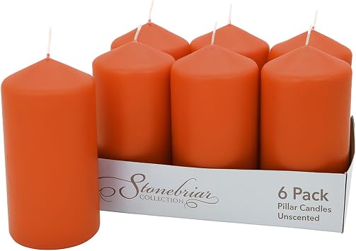 Stonebriar Unscented Pillar Candles 65 Hour Burn Time, Long-Lasting Wax Candles for Weddings, Holidays, Home Decor & Special Events, Pack of 6, Orange, 3" x 6"