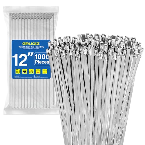 1000Pack Stainless Steel Cable Zip Ties 12 inch 304 Metal Cable Ties with 270lbs Tensile Strength Heavy Duty Zip Ties for Farms Pipes Roofs Workshop Outdoor Fence Use