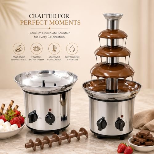 Image of Electric Chocolate Fountain Machine with Stainless Steel Tower | 4-Tier Chocolate Fountain | Motor & Heating Control for Parties, Hotels, Catering & Events (Silver)