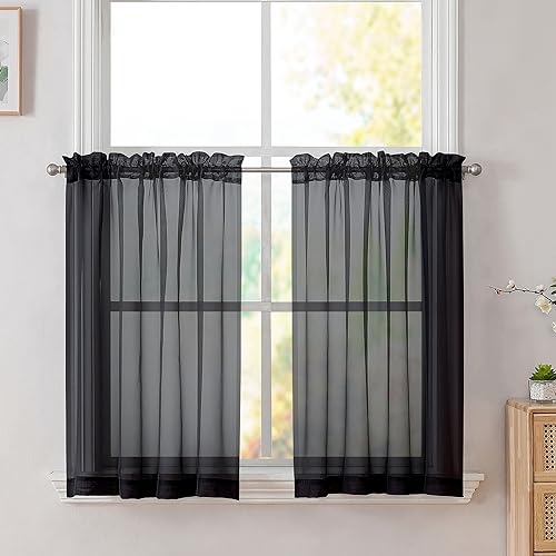 Image of Simplebrand Black Sheer Kitchen Cafe Curtains - 36X36 Inch, 2 Paneled Tier Curtain Rod Pocket Sheers for Bathrooms, Small Windows