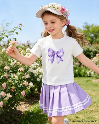 Image of Betusline Girls Skirt Set JK School Uniform 2-Piece Outfit - Short Sleeve & Webbing Solid Skirt,4-14Y