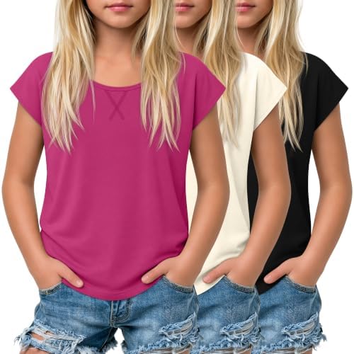 Oakgarden 3 Pack Girls' Short Sleeve T-Shirts, 3-Color, 13-14 Years