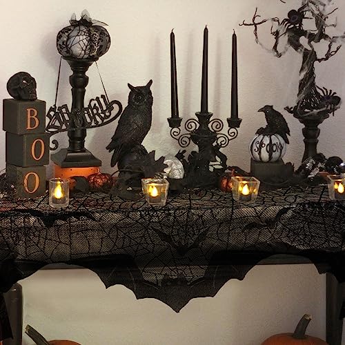 Image of AerWo Halloween Decorations Indoor Fireplace Mantel Scarf, Black Lace Spiderweb Fireplace Cover for Halloween Mantle Decor Festive Party Supplies,20x79 inches