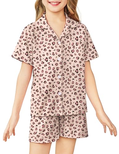 Image of Arshiner Girls Pajamas Sets Short Sleeve Kids Pjs Button Down Sleepwear | Cute Printed Pajamas for Little & Big Girl, Lightweight Comfy Fabric, 2-Piece Outfits, Perfect for Lounge Pajamas Party