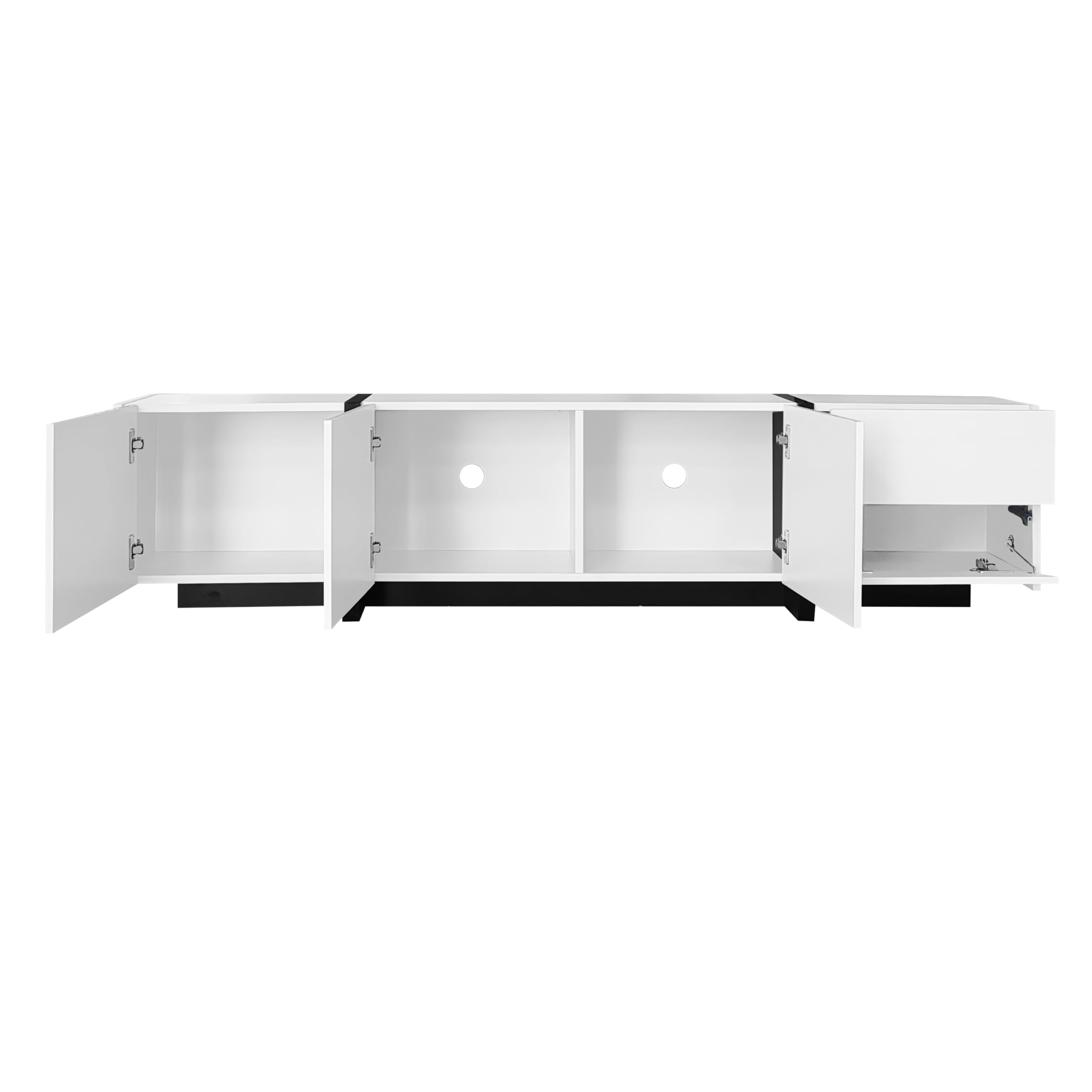 Mobile TV Lowboard, armadio bianco lucido con gambe del tavolo a contrasto nero, porte semplici e cassetti.