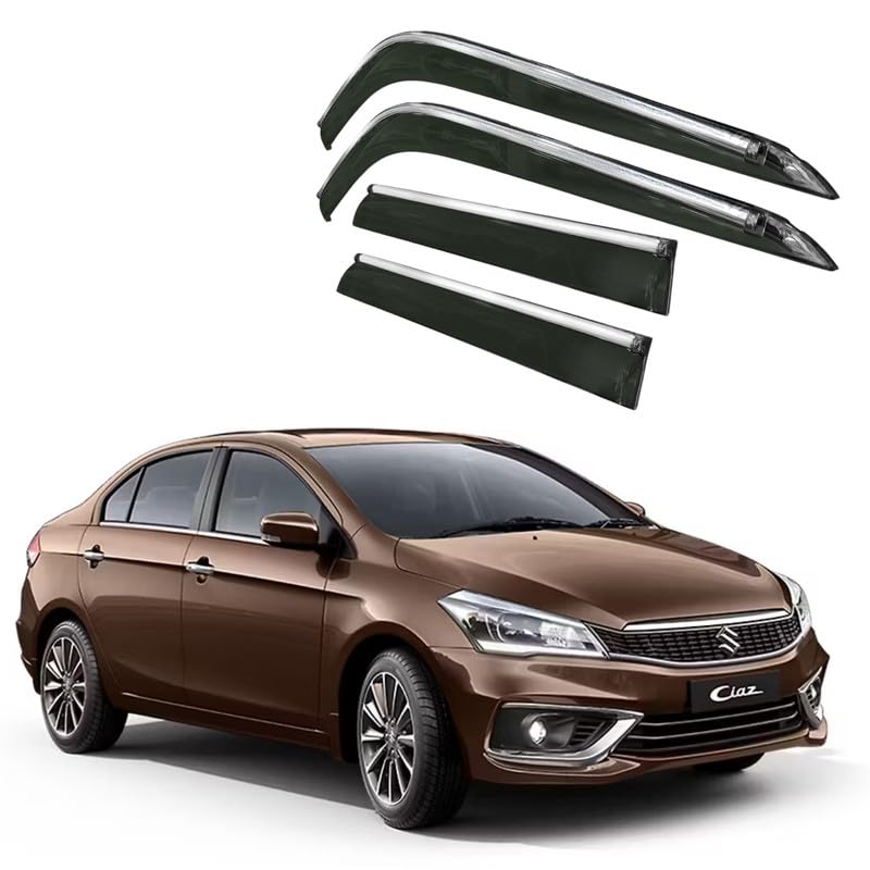 Image of CAR SAAZ Side Door Visors for Ciaz (2014-2017)(Set of 4Pcs)|Chrome Lined Rain Guards, Polycarbonate, Smoke Finish