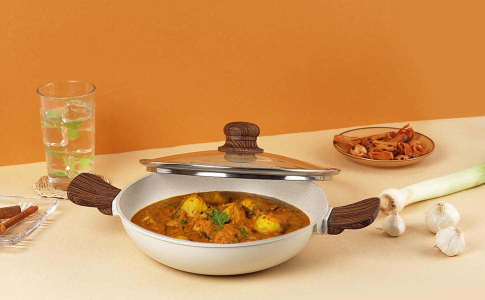 Image of CELLO Castello Die Cast Induction Aluminium Kadhai with Glass Lid 24 Cm, 4 mm Thickness | Induction Base Kadhai | Wooden Handle | Scratch Resistant | Dishwasher Safe | Beige