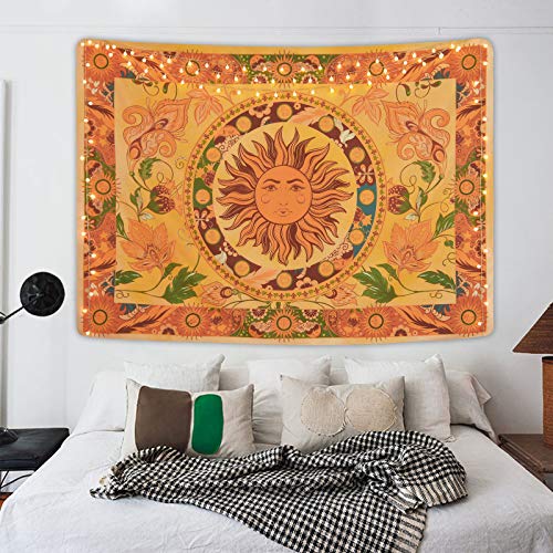 Yugarlibi Sonne Wandteppich Mandala Wandteppich Boho Vintage Blumen Wandbehang Orange Konstellation Wandbehang für Schlafzimmer Wohnzimmer Eingangshalle Hotel 150x130cm