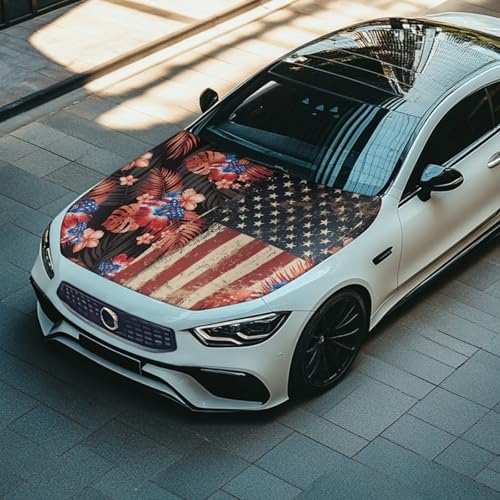 Image of Retro American Flag Front Hood Covers for Cars Hibiscus Car Hood Cover for Women Car Hood Cover Wrap Auto Decor Adjustable Automotive Hood Covers for Cars Sedan Accessories, 4th of July