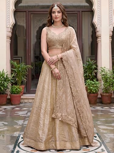 Image of Zeel Clothing Women's Zari Sequins Embroidered Work Crush Silk Lehenga Choli With Dupatta (5136-Golden-Women-Lehenga-Choli-Latest; Free size)