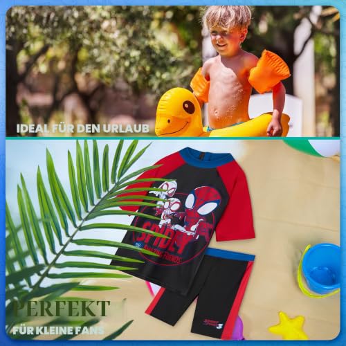 Get Trend Spidey Badeanzug Kinder Kostüm 2 Teiliges Badehose Jungen Set mit Badeshorts und Schwimmshirt Strand Urlaub Schwimmen (6-7 Jahre, Rot/Schwarz Spidey)