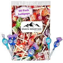Snack Mountain Mini Lollipops Individually Wrapped, 50 Count Bulk Suckers, Bag of Lollipops in Assorted Fruity Flavors Bubble Gum, Limeade, Cherry, Berry, Orange & More, Classic Suckers for Parties