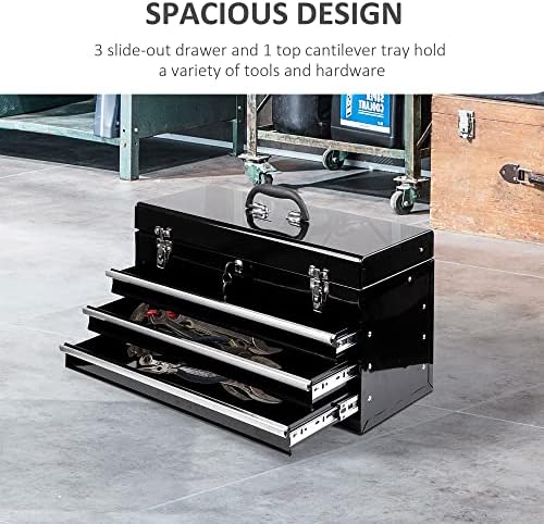 HOMCOM 3-Drawer Tool Chest Box Storage Organiser Cabinet Heavy Duty Portable Toolbox w/ Handle Black