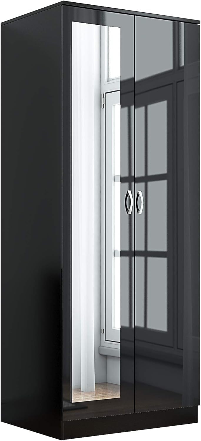 Harmin Mirrorred 2 Door Soft close wardrobe - height 180 cm x width 76 cm x depth 47 cm (Black on Black)
