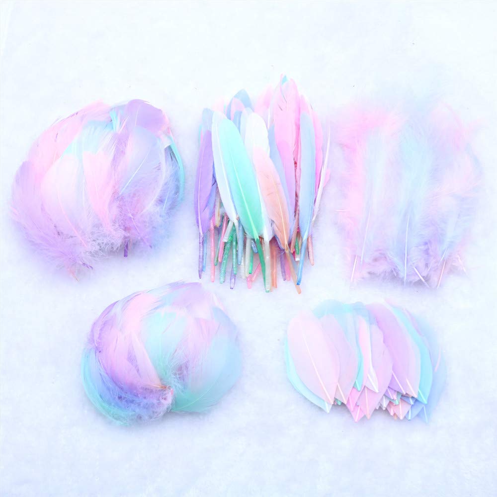 Macarons Color Feathers for Craft Art,100 Pcs Natural Goose Glitter Soft Native Feathers Accessories for DIY Dream Catchers Craft Wedding Themed Home Party Centerpieces Baby Shower Hats (4-8cm)