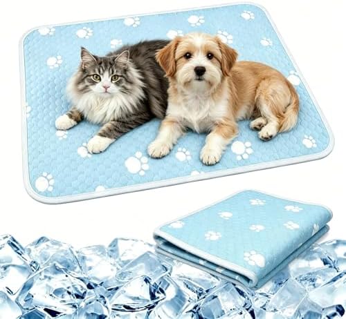 Cama Perro Verano, 70x55 cm Alfombra Perro Refrescante, Manta Gato Transpirable y Absorbente, Cojin Perro Antideslizante para Interiores y Exteriores (Azul)