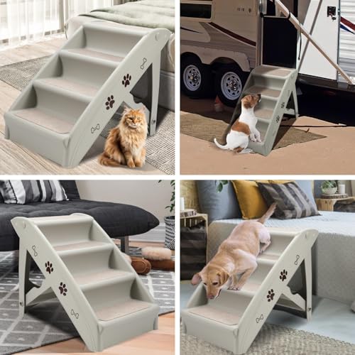Jiubiaz Hundetreppe Klappbare Haustiertreppe 48,5cm Hoch, 4-Stufig Faltbare Katzentreppe, Hunderampe, Maximale Belastung 75kg, Tiertreppe mit Rutschfester Matte für Hunde und Katzen (grau)