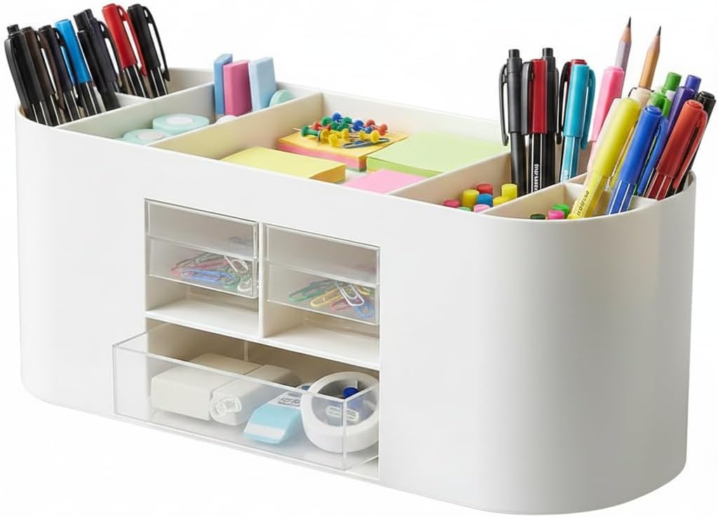 Desk Organizer with Drawers, Office Supplies Storage, White
