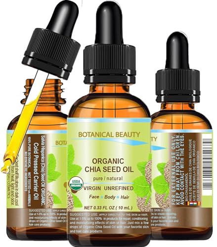 Botanical Beauty Organic CHIA SEED OIL 100% Pure Natural Virgin Unrefined Cold-Pressed Carrier Oil for Face Skin Body Hair Lip Nails. Rich in vitamin E (0.33 Fl Oz 10 ml)