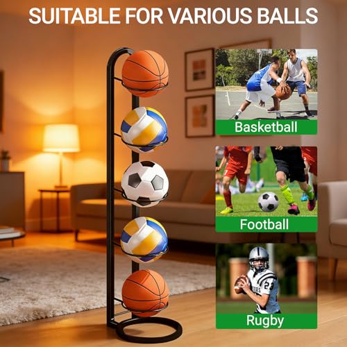 CAIEJSAEN Ballständer Metall, 5 Stufiger Vertikale Ballregal für Ball Aufbewahrung, Abnehmbare Ballhalter für Basketball, Fußball, Volleyball, Schläger, für Indoor und Outdoor, Schwarz