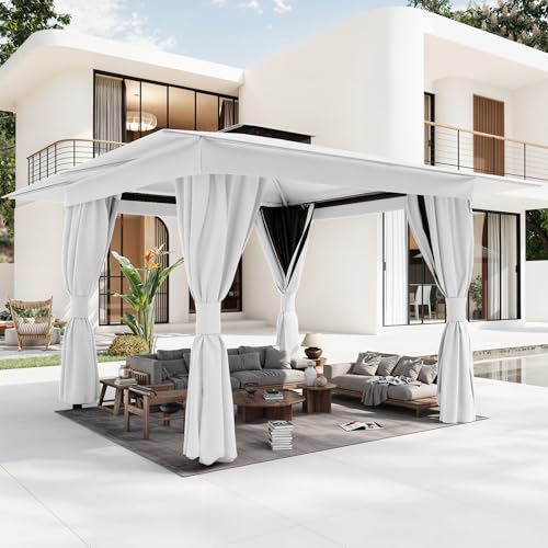 MELLCOM White 10'x10' Outdoor Gazebo for Patio, Heavy Duty Party Tent with Double Roofs, Outdoor Canopy with Curtains and Nettings for Deck, Lawn and Backyard