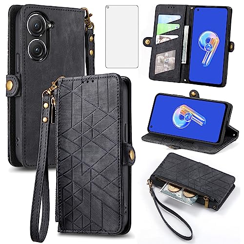 Asuwish Funda para teléfono Asus ZenFone 9 con protector de pantalla de vidrio templado y correa de muñeca, cuero con cremallera y tarjetero de crédito, accesorios para celulares, resistente ZenFone9,