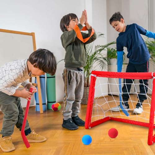 Leyndo 2 Sets Kids Mini Hockey Set Includes 2 Hockey Nets 2 Mini Hockey Goal 4 Plastic Mini Hockey Sticks 4 Foam Balls Knee Hockey Goal Hockey Ball for Kids Indoor Floor(Bright Color)