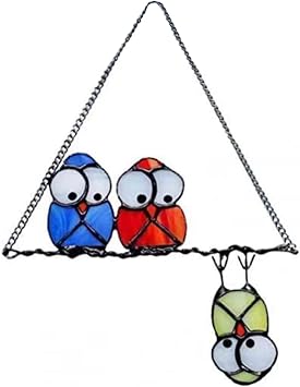 Multicolor Birds on a Wire, Garden Suncatcher High Stained Glass Material, Window Hanging Ornaments, Owl Series Sculptures Pendant