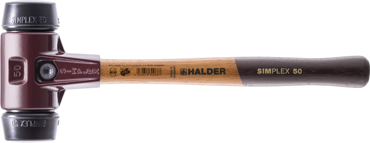 HalderSimplex Soft-Faced Mallet, Medium-Hard Rubber Inserts, Cast Iron Housing with Handle Protection Sleeve, Varnished Wooden Handle, 60mm, 3.4 lbs.