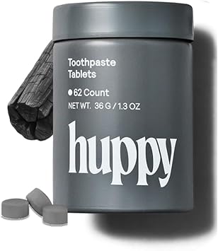 Huppy Toothpaste Tablets, Nano Hydroxyapatite, Fluoride Free & Plastic Free, Whitening, Remineralizing, SLS Free, Travel Friendly Chewable Tabs, Charcoal Mint Flavor, 62 Count 1 Month Supply