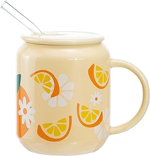 Sizikato Porcelain Mug with Lid and Straw, 13 Oz Water Cup with Handle, Cute Orange Pattern