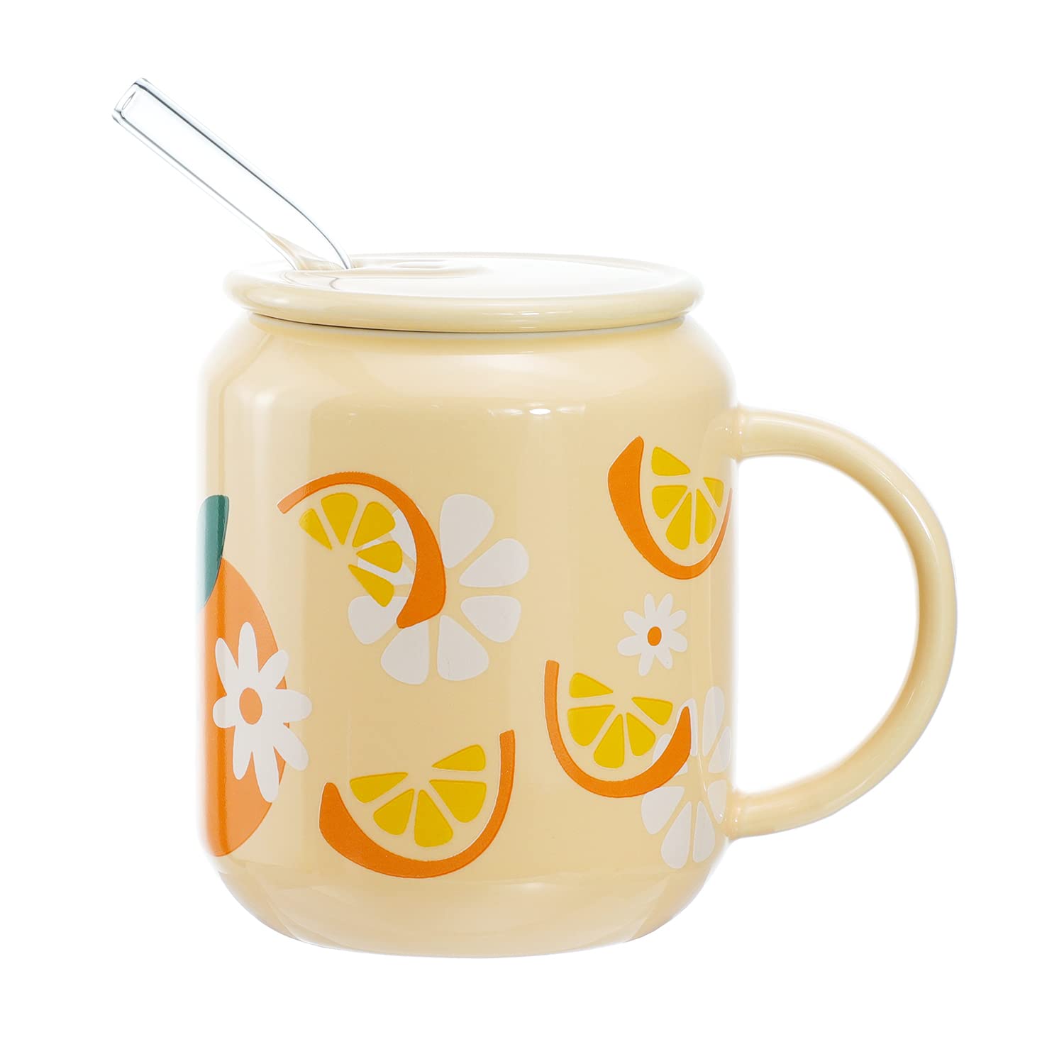 Tasse en porcelaine avec couvercle et paille Sizikato 370ml mug orange avec poignée