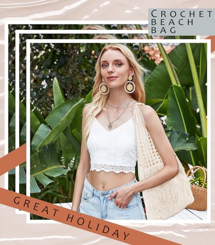 RUNROLE Crochet Tote Bag with Macrame Hat Clip for Travel Women Summer Beach Bag Aesthetic Knit Bag Cute Shoulder Bags4