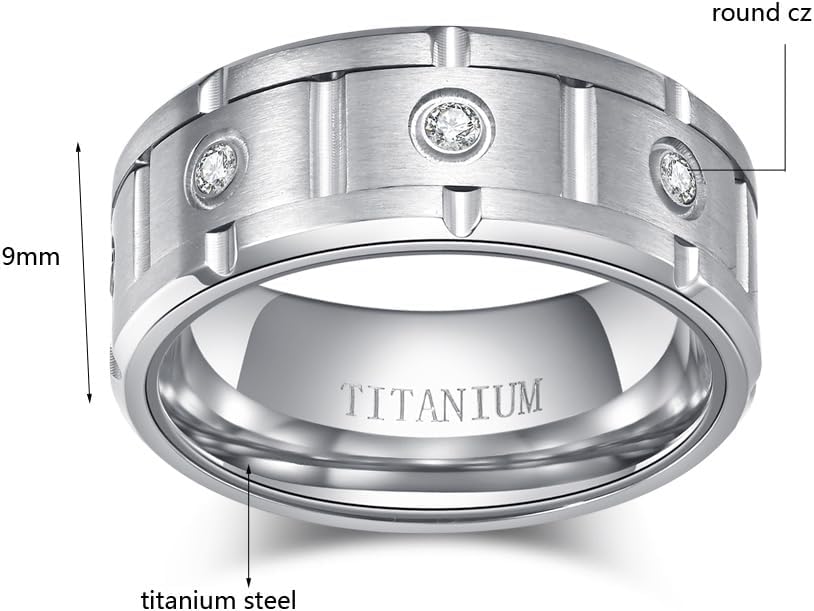 Matte 9mm Titanium Steel Mens Ring Men Wedding Band AAA CZ Man Ring
