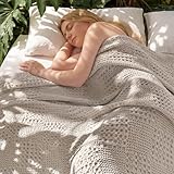Joiedomi Cooling Waffle Blanket - Turkish Cotton Queen Size Soft Beige Blanket, Summer Breathable of Rayon Derived from Bamboo for Hot Sleepers, Luxuries Throw for Bed, Couch and Sofa, 90x90 Inches