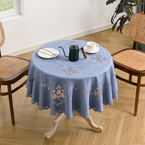 Wracra Macrame Waterproof Table Cloth, Farmhouse Linen Style Round Table Cover, Wrinkle Resistant Washable Indoor Outdoor Table Cloth (Blue, Round 55") by Wracra - Image 5