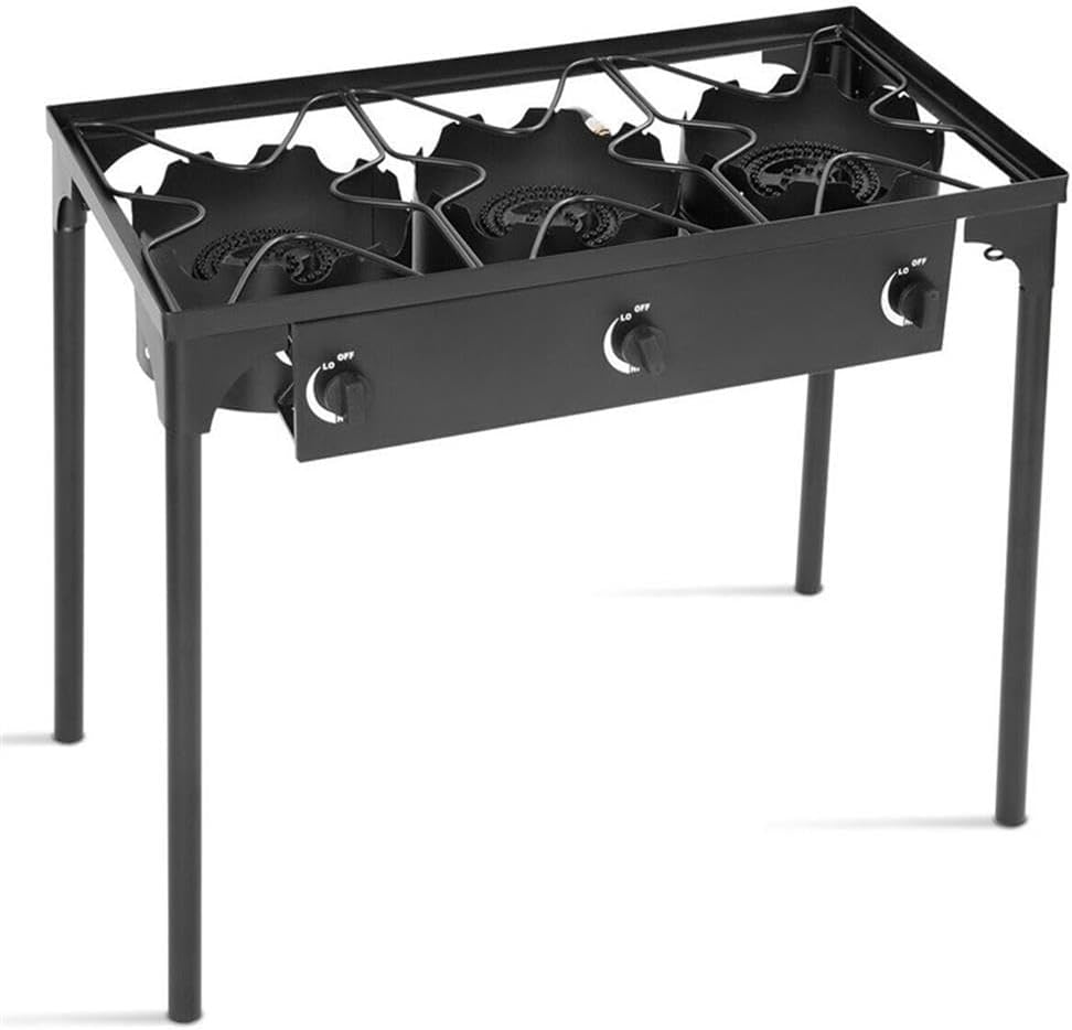 Pemberly Row Portable 225,000 BTU 3-Burner Gas Cooker, Durable Cast Iron, Powder-Coated Finish, Detachable Legs, Adjustable Firepower, Outdoor Camp Stove, BBQ Tailgating Cooking