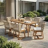 CJLMN 7-Piece Outdoor Patio Dining Set, Acacia Wood Table & 6 Wicker Chairs with Beige Cushions, Teak Finish Weather Resistant Furniture for Garden