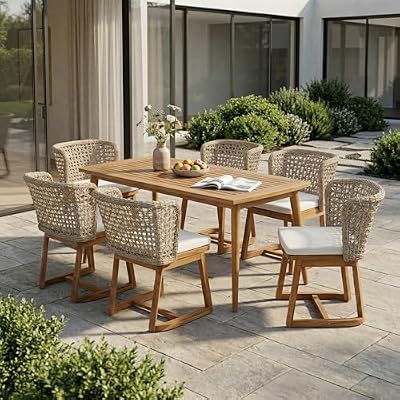 QVUUOU 7-Piece Outdoor Patio Dining Set, Acacia Wood Table & 6 Wicker Chairs with Beige Cushions, Teak Finish Weather Resistant Furniture