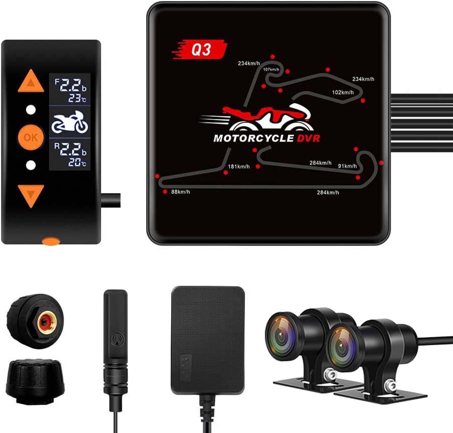 VSYSTO - WiFi Motorcycle Dash Cam, Wired Controller with OLED Display, Tire Pressure Sensors, Waterproof HD 1080P SONYIMX307 150° Wide Angle Front Camera and