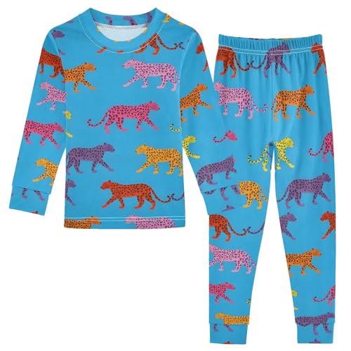 Pajama Sets Long Sleeve Colorful Leopard on Blue Soft Comfy Sleepwear 2 Piece PJS 3-8T