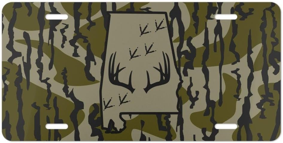 Bottomland Camo State of Alabama with Antlers and Turkey Tracks Vanity Plate, License Plate, Gifts for Him, Hunting Gifts