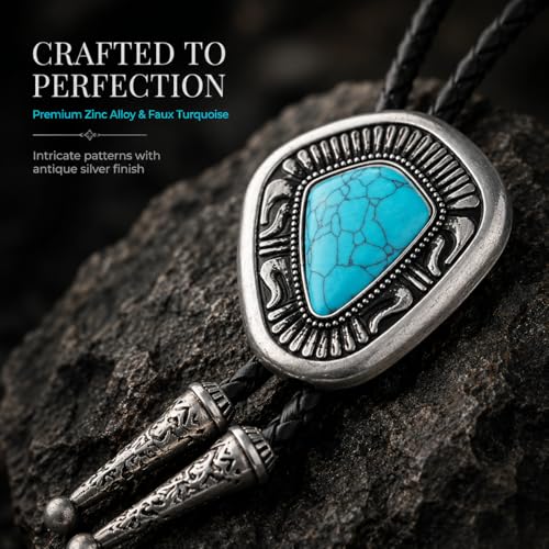 Image of Turquoise Bolo Tie for Men, Leather Braided Necktie Western Cowboy Bola Tie Costume Accessories for Men Women