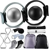 Poen 14 Pcs Pilates Equipment Kit for Home Workout Pilates Ring and Ball Set for Women 12'' Circle Yoga Fitness Essentials Kit with Resistance Bands, Yoga Strap, Socks,Bag (Black,Gray)