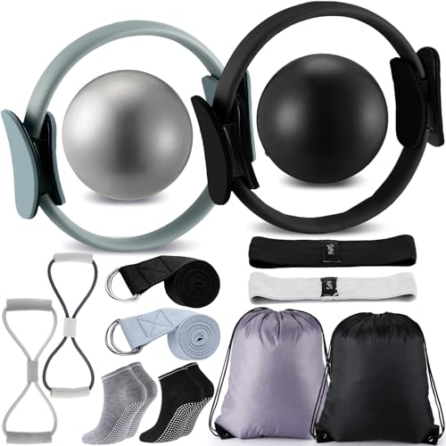 Poen 14 Pcs Pilates Equipment Kit for Home Workout Pilates Ring and Ball Set for Women 12'' Circle Yoga Fitness Essentials Kit with Resistance Bands, Yoga Strap, Socks,Bag (Black,Gray)
