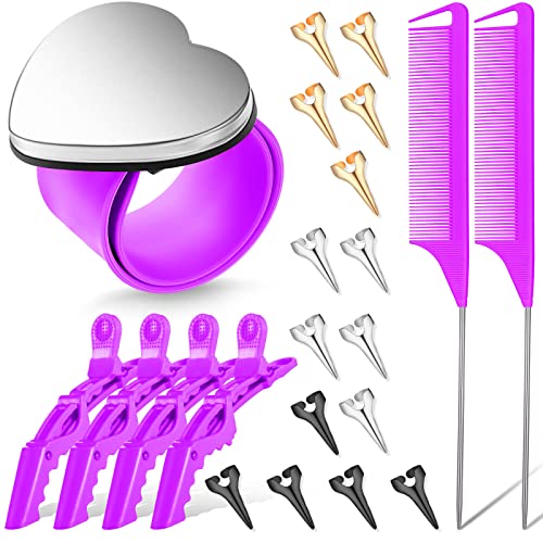 22 Pieces Magnetic Wrist Sewing Pincushion with Braiding Tools, Stainless Steel Pintail Rat Tail Comb, Wide Teeth Alligator Sectioning Clip, and Hair Parting Ring for Hair (Purple)