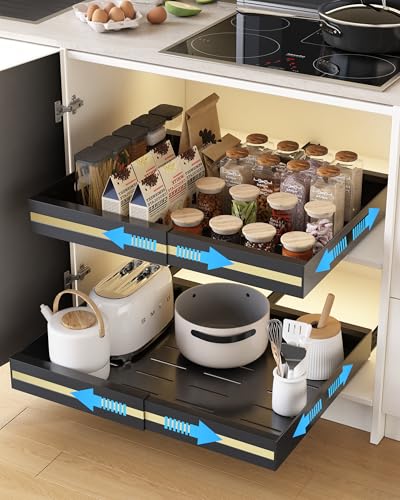 UMDONX 2 Paquete Organizador Armario Cocina Cajones Extraibles Adhesivos - Cajones Deslizables y Estantes para la Despensa, Ancho Ajustable de 30.5 a 51.5 cm, Negro